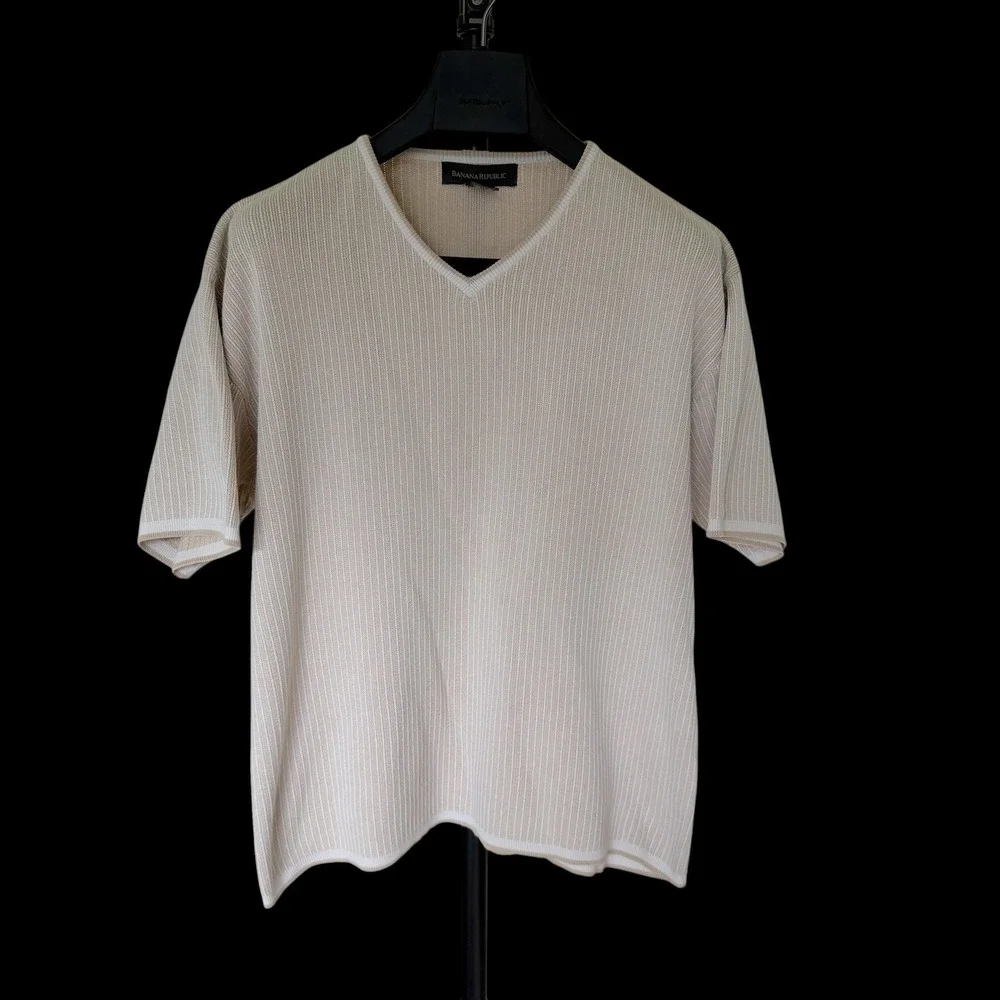 Y2K Banana Republic XL V-Neck Ribbed Knit Short Sleeve Cotton Sweater Tan White